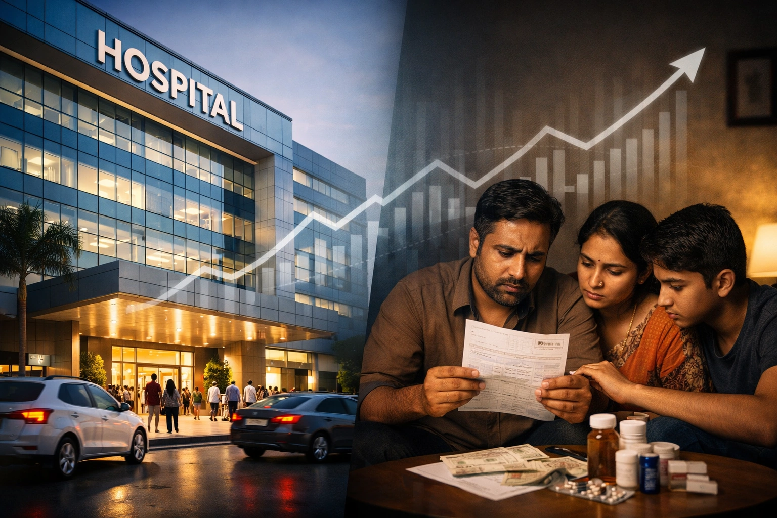 Split image showing a modern private hospital with rising growth graph overlay on one side and an Indian family reviewing a medical bill at home on the other, highlighting the contrast between healthcare expansion and affordability stress.