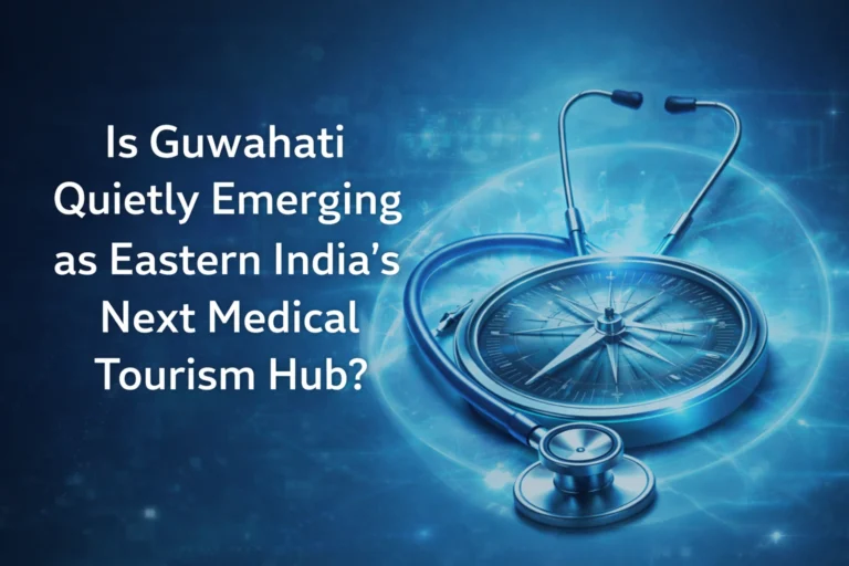 Stethoscope and compass graphic representing Guwahati’s emerging role as a medical tourism hub in Eastern India.