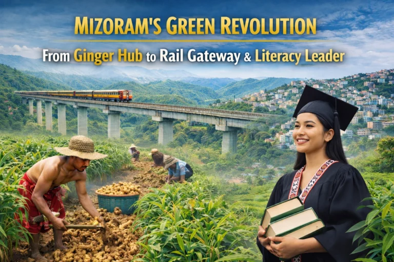 Ginger farmers, railway bridge, and graduate overlooking Aizawl hills representing Mizoram’s agriculture growth, connectivity, and literacy-driven development.