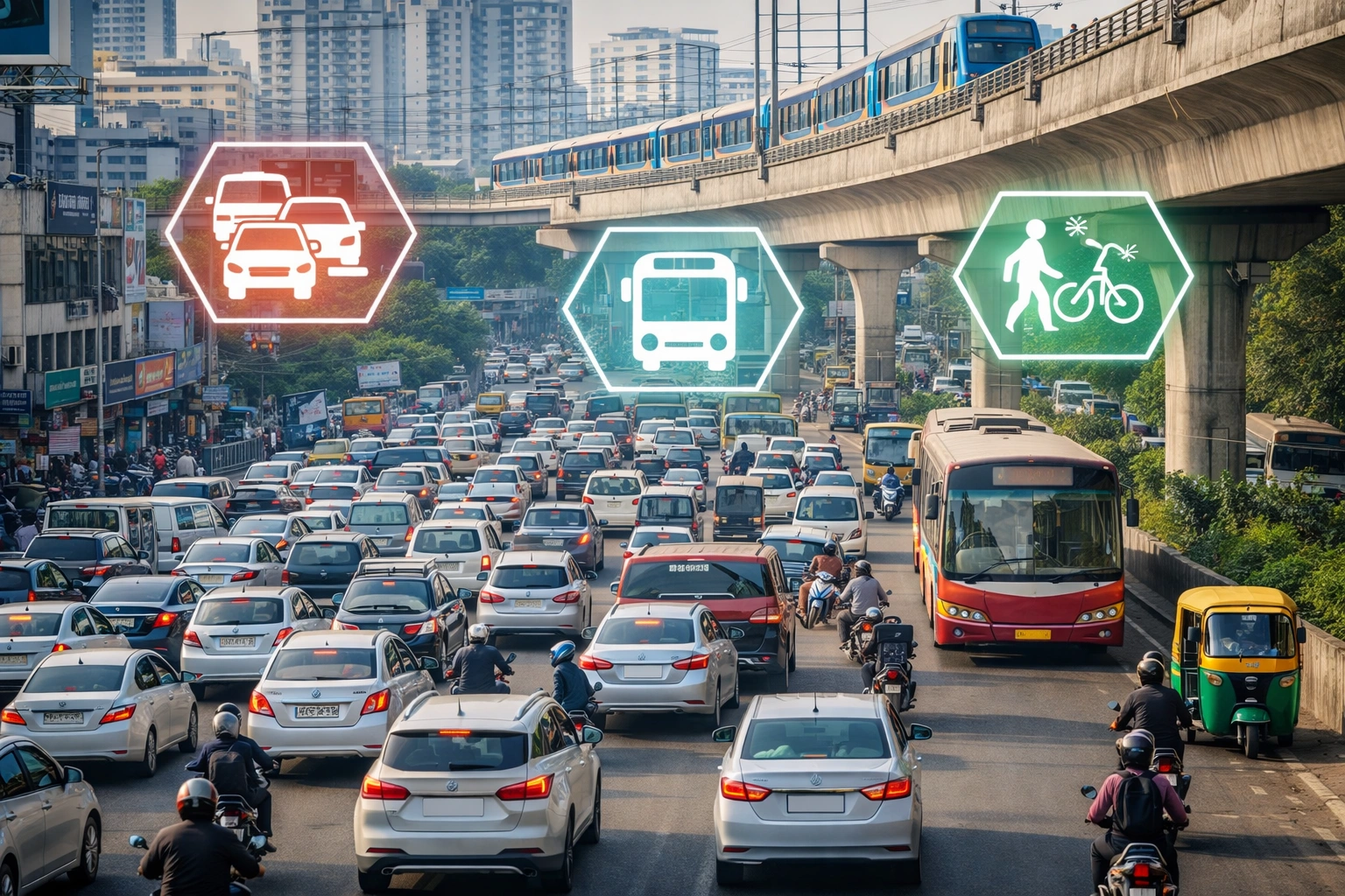 Urban traffic congestion and public transport infrastructure in an Indian city.