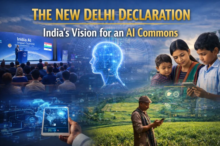 Collage showing India AI summit, digital AI interface, students learning, and farmer using technology, illustrating India’s vision for an AI Commons and inclusive AI development.