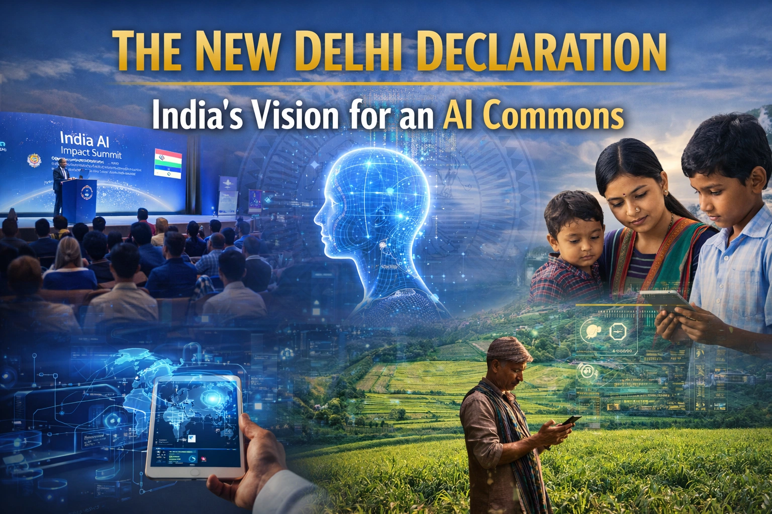 Collage showing India AI summit, digital AI interface, students learning, and farmer using technology, illustrating India’s vision for an AI Commons and inclusive AI development.