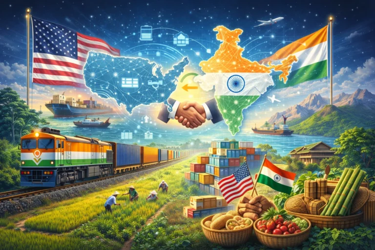 Illustration depicting a US–India trade partnership, with symbolic maps of the two countries, logistics, agriculture, and supply chains highlighting economic opportunities for India and the North East region.