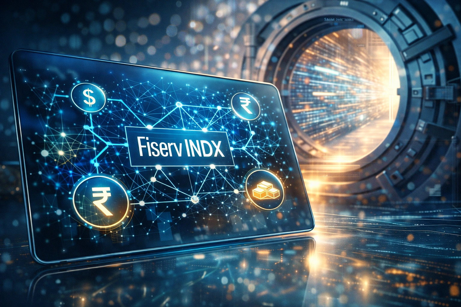 Futuristic digital tablet showing Fiserv INDX network with currency icons and an opening bank vault in a cyber-corporate setting.