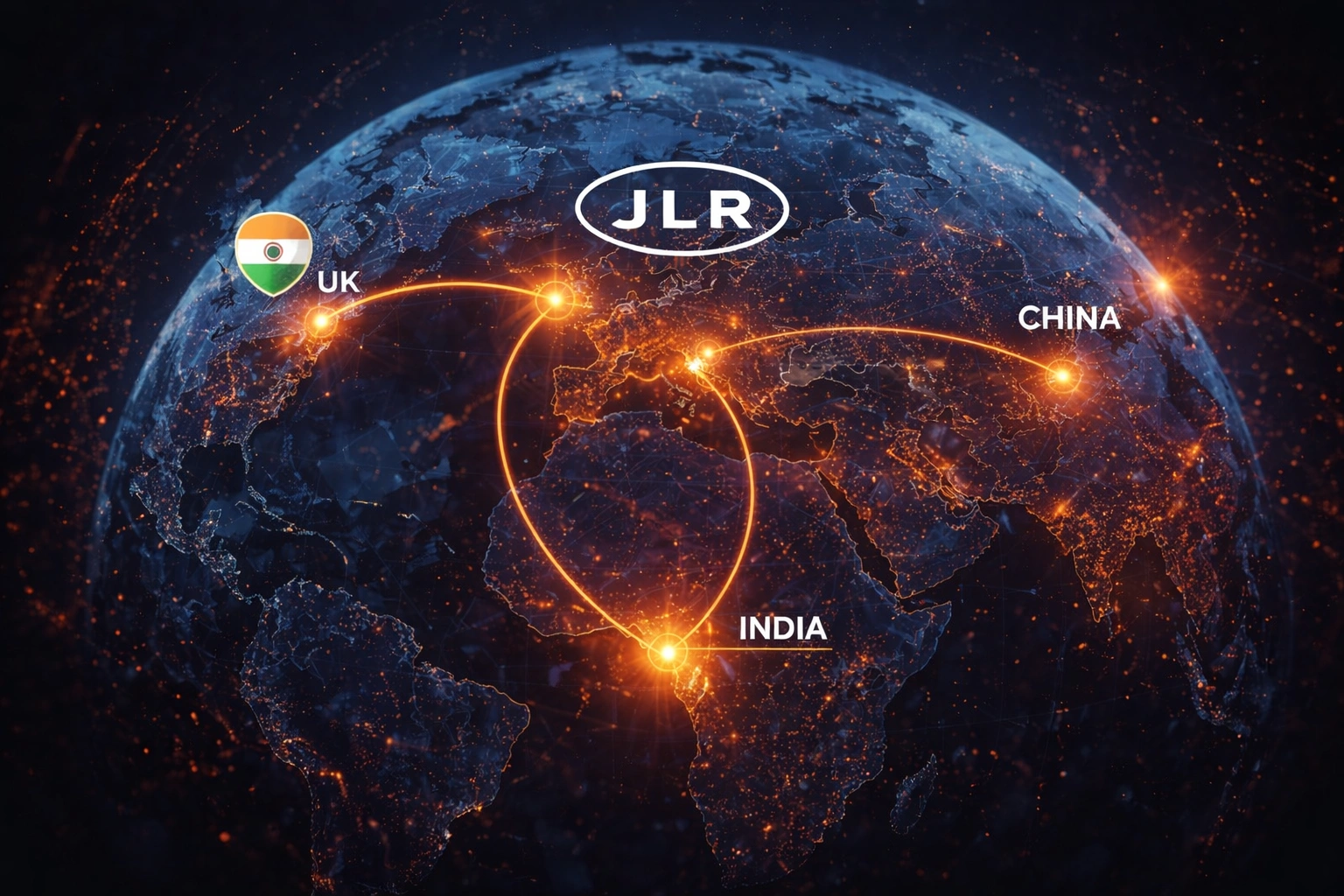 Global map with illuminated nodes linking India to the UK, Europe, and China, representing Jaguar Land Rover’s international manufacturing network.