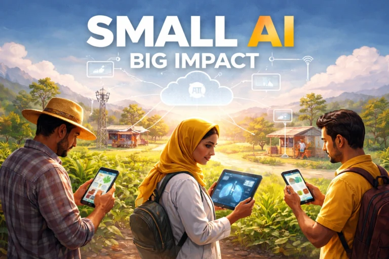 Illustration showing small AI applications in developing regions, with a farmer, healthcare worker, and entrepreneur using AI-powered mobile devices in a rural setting.