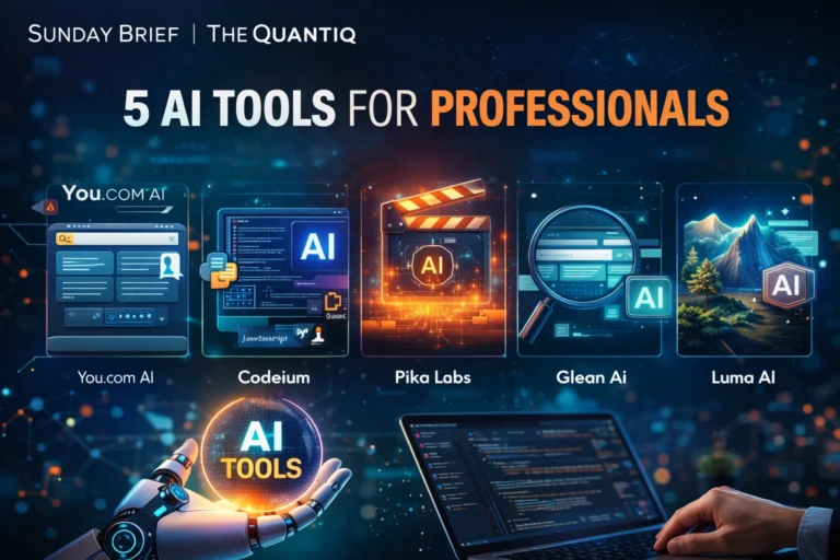 Graphic for The Quantiq Sunday Brief highlighting five AI tools for professionals with futuristic AI interface visuals.