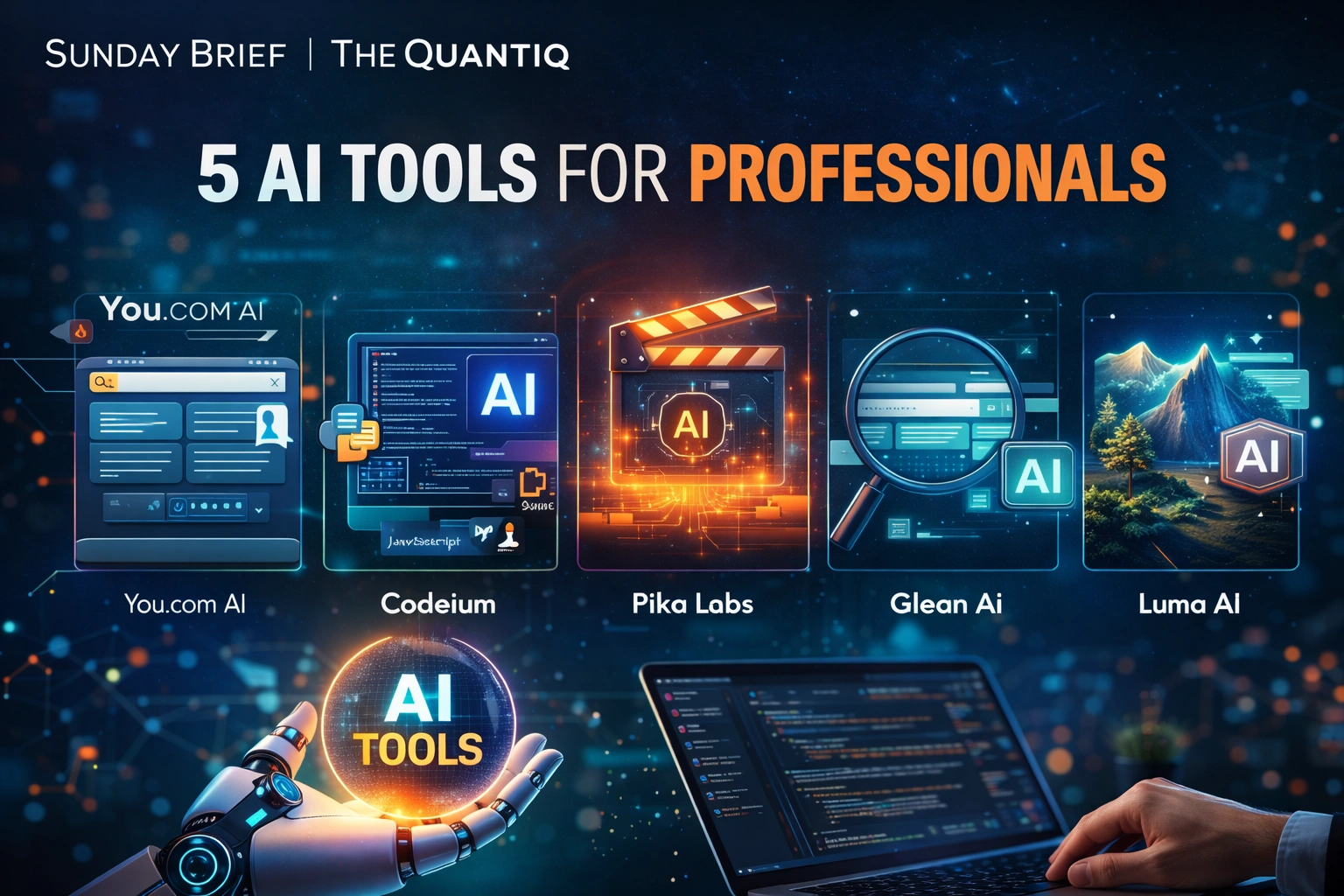 Graphic for The Quantiq Sunday Brief highlighting five AI tools for professionals with futuristic AI interface visuals.