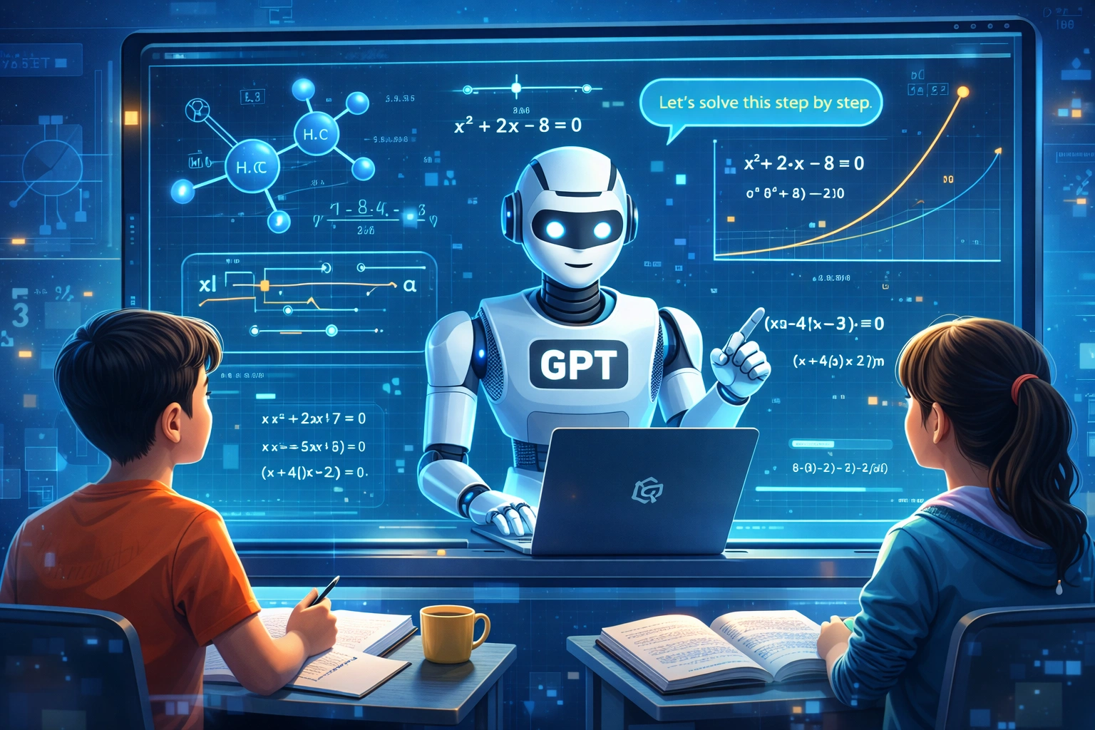 AI-powered tutor helping students learn mathematics and science through interactive digital lessons, illustrating how ChatGPT-style AI tools can transform education and coaching.
