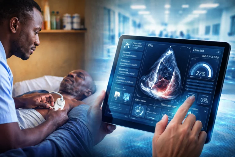 Physician performing bedside heart scan with handheld ultrasound device as AISAP cardiac AI diagnosis software analyzes cardiac function on a tablet.