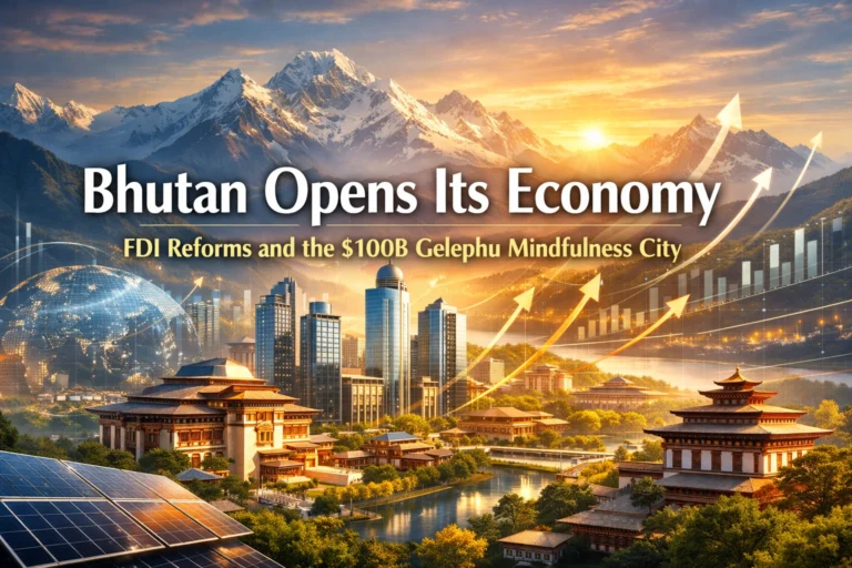 Bhutan’s Gelephu Mindfulness City concept illustrating FDI reforms and Bhutan’s economic transformation with Himalayan skyline and sustainable smart city infrastructure.