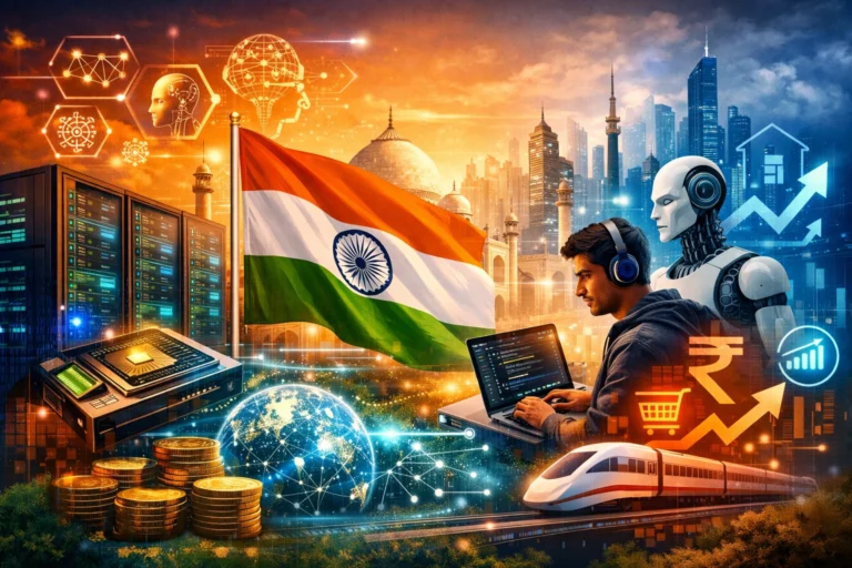Futuristic 16:9 illustration depicting India’s AI transformation — a large Indian flag at the center, surrounded by data center servers, GPU chips, a developer coding on a laptop beside a humanoid robot, financial growth symbols with the rupee sign, stacked coins, a high-speed train, and a glowing digital globe — symbolizing India’s $277 billion AI infrastructure and innovation push.