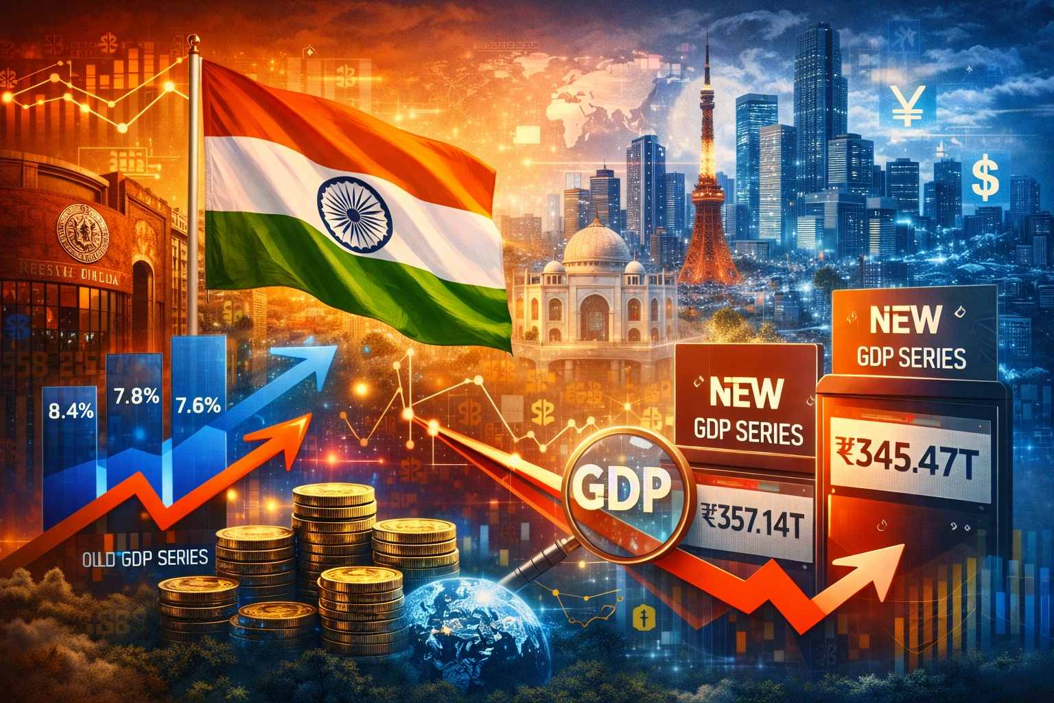 16:9 digital illustration showing India’s GDP rebasing story — the Indian flag in the foreground, rising growth bars (8.4%, 7.8%, 7.6%), stacked rupee coins, a magnifying glass over “GDP,” contrasting old and new GDP series figures (₹357.14T vs ₹345.47T), and a backdrop blending Indian and Japanese skylines — symbolizing the growth revision, economy size adjustment, and the India–Japan GDP ranking debate.
