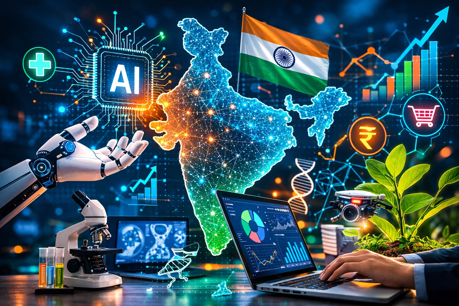 Graphic of India’s AI ecosystem highlighting five made-in-India AI platforms across healthcare, agriculture, fintech and digital commerce.