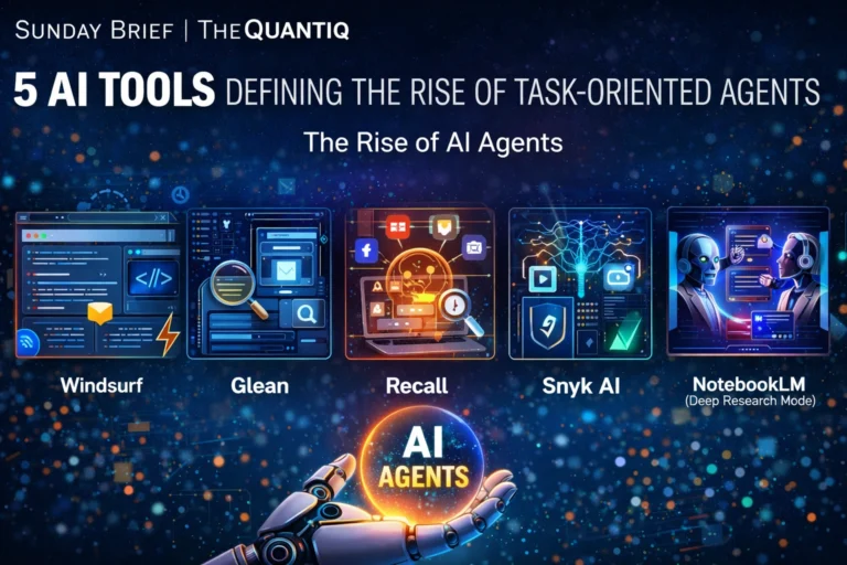 Illustration showing five AI tools—Windsurf, Glean, Recall, Snyk AI and NotebookLM—representing the rise of task-oriented AI agents and automation-driven workflows.