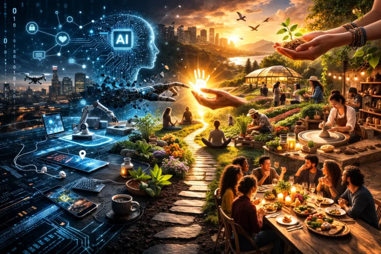 onceptual illustration showing contrast between AI-driven digital life and human-centered experiences like community dining, creative workshops and wellness farming.