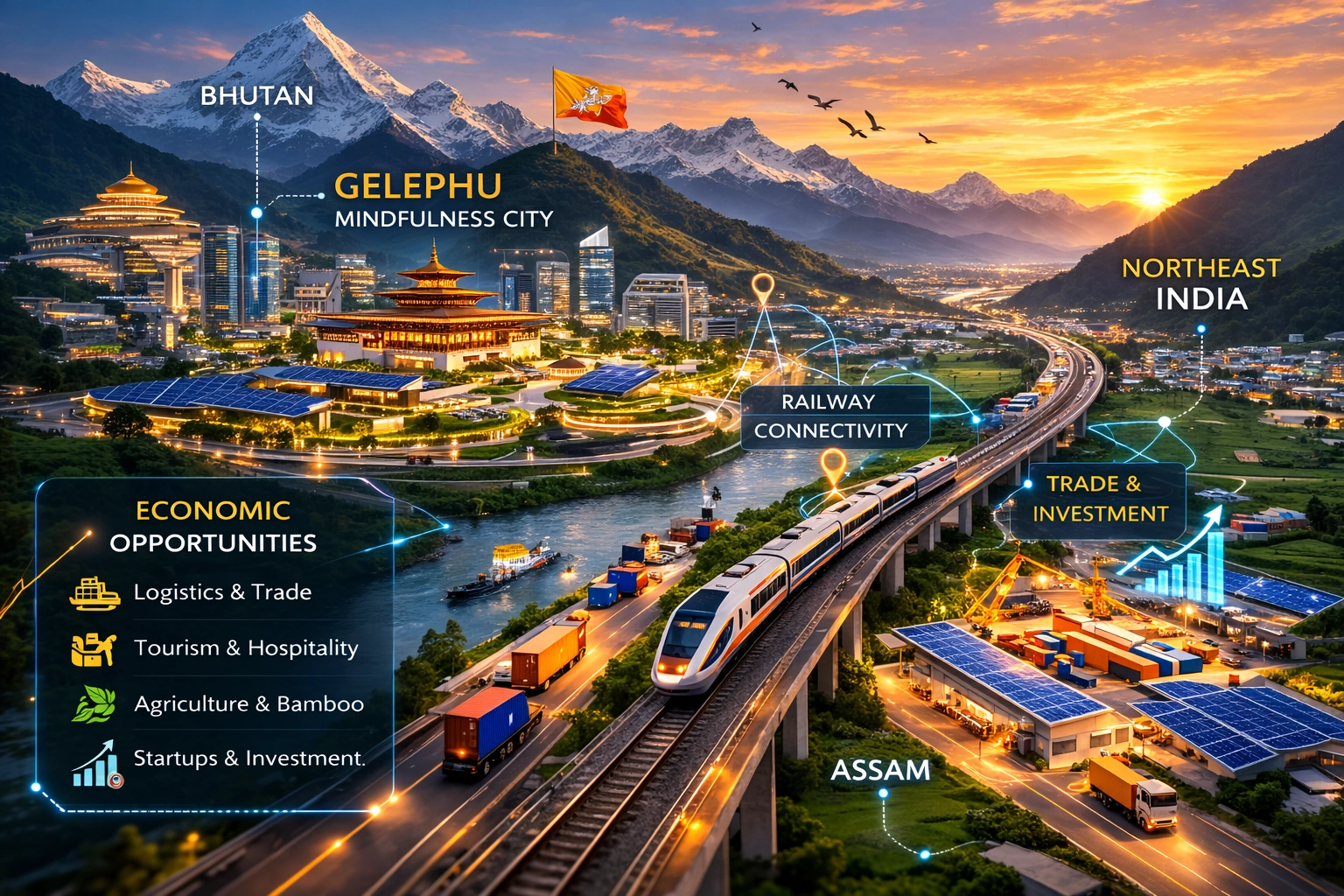 Gelephu Mindfulness City project in Bhutan and its economic opportunity for Northeast India including railway connectivity and regional supply chains.