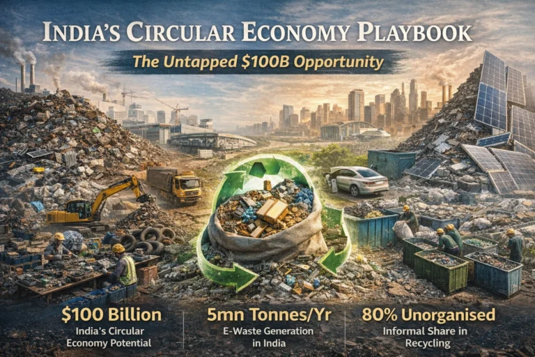 India circular economy showing waste recycling, e-waste processing and $100 billion opportunity in urban mining and sustainability