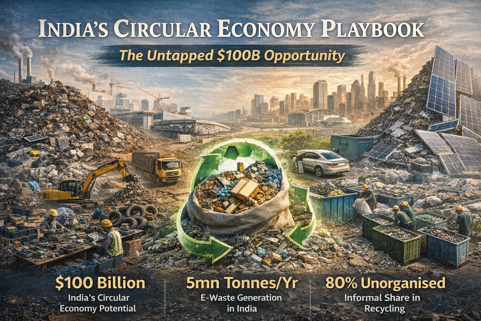 India circular economy showing waste recycling, e-waste processing and $100 billion opportunity in urban mining and sustainability
