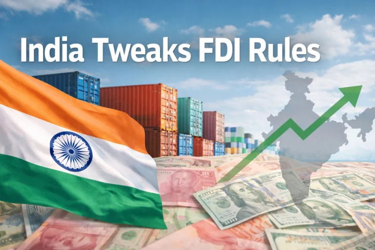 Illustration representing India’s FDI policy update showing the Indian flag, global currencies, shipping containers, and a rising investment arrow symbolizing growing foreign investment in India.