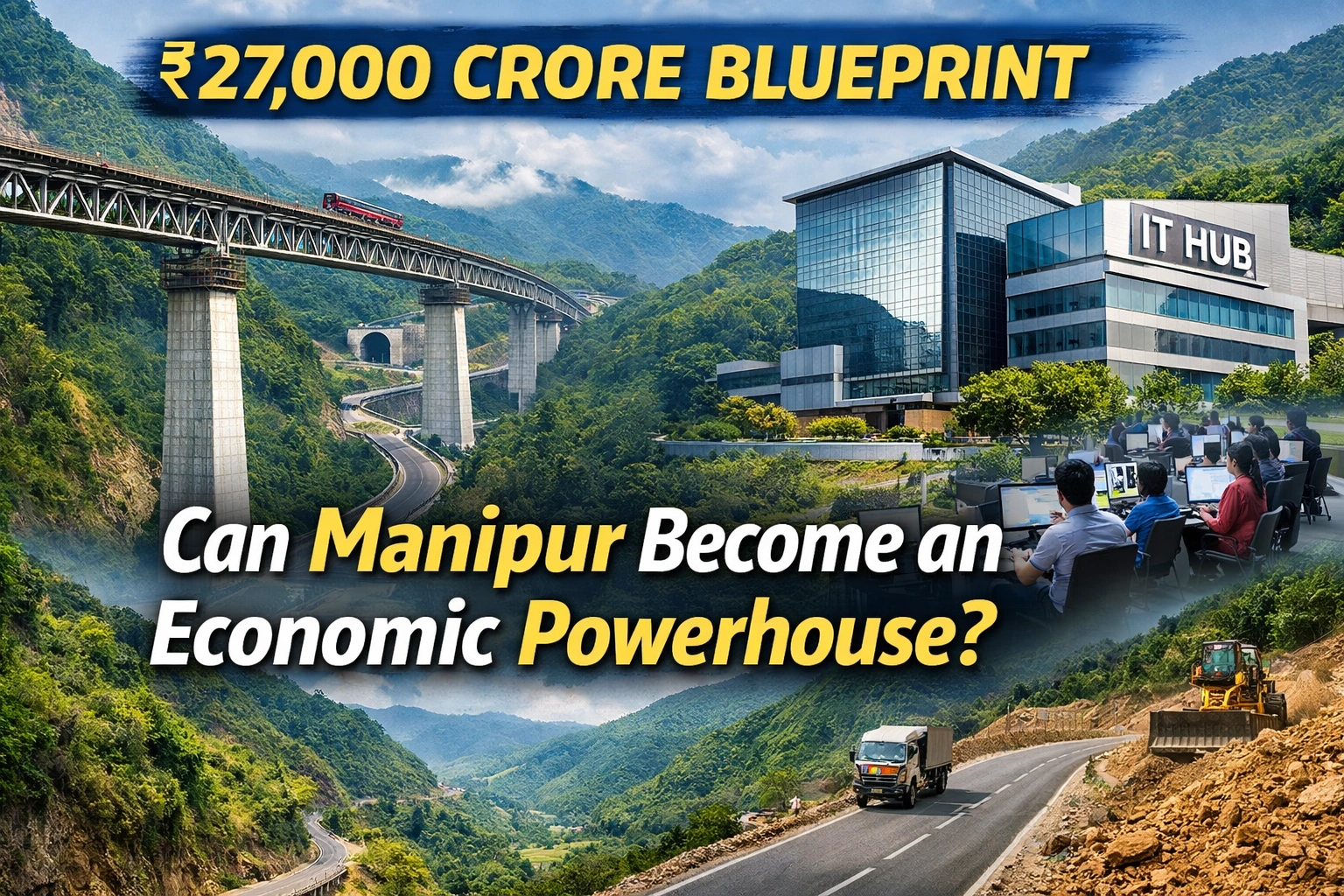 Illustration showing Manipur’s ₹27,000 crore infrastructure push including the Jiribam–Imphal railway bridge, hill road development, and the Mantripukhri IT hub.