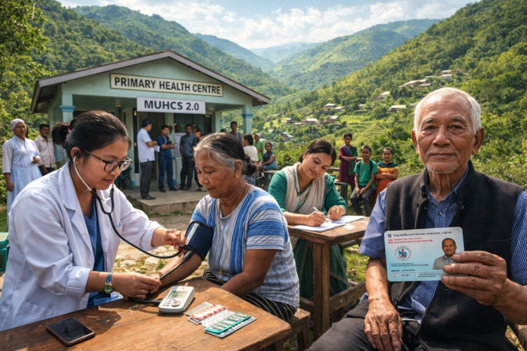 Healthcare workers providing medical check-ups to villagers at a primary health centre in Mizoram under the Universal Health Care Scheme (MUHCS 2.0), with hills and rural homes in the background.
