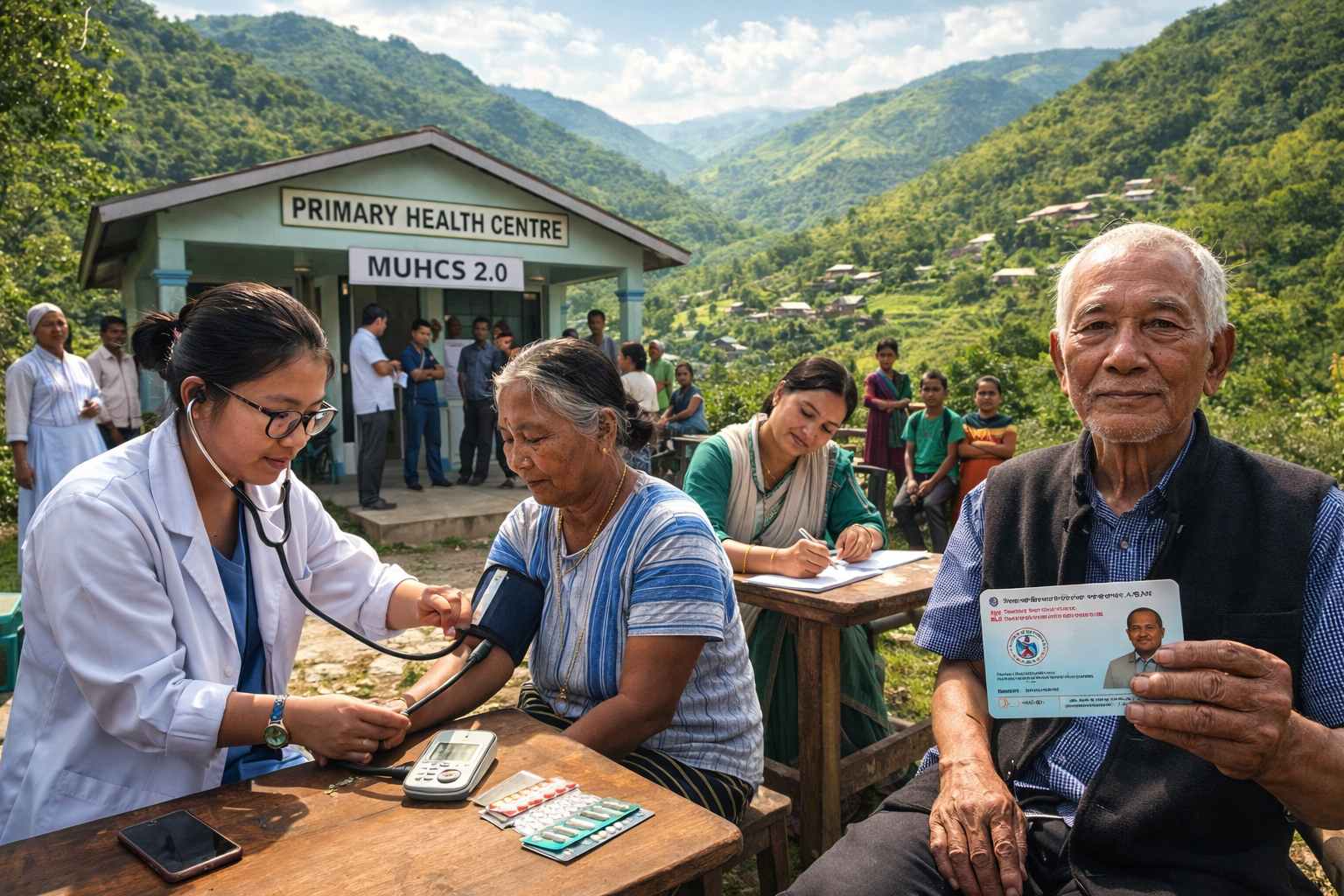 Healthcare workers providing medical check-ups to villagers at a primary health centre in Mizoram under the Universal Health Care Scheme (MUHCS 2.0), with hills and rural homes in the background.