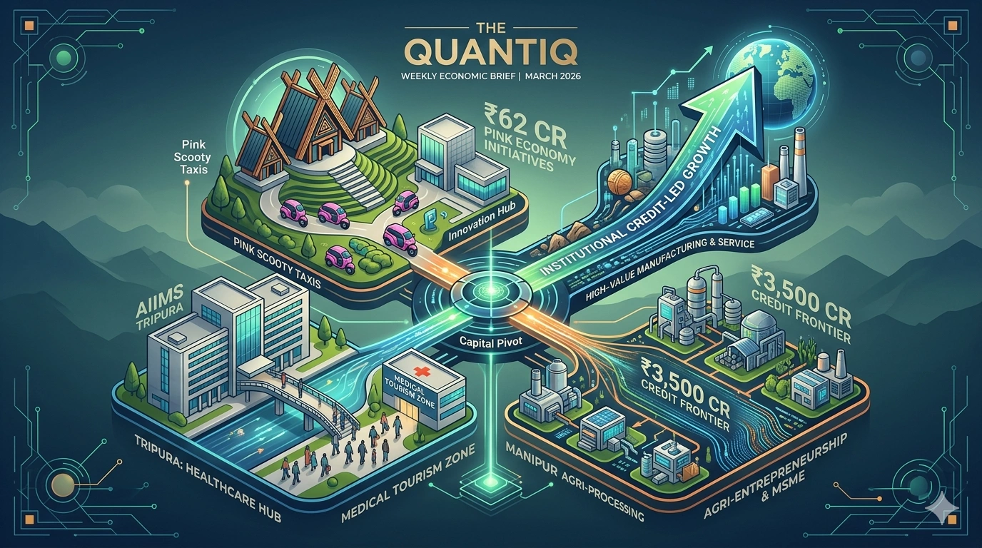 Illustration of Northeast India’s economic shift showing Nagaland’s pink economy, Tripura’s medical tourism hub, and Manipur’s MSME credit growth under a capital-led development model