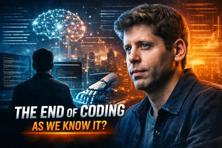 Sam Altman with AI-generated code and robotic automation visuals symbolizing the future of coding and software development disruption
