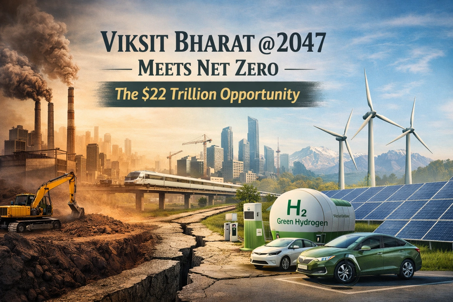 Viksit Bharat Net Zero transition showing coal to renewable energy shift and $22 trillion investment opportunity in India