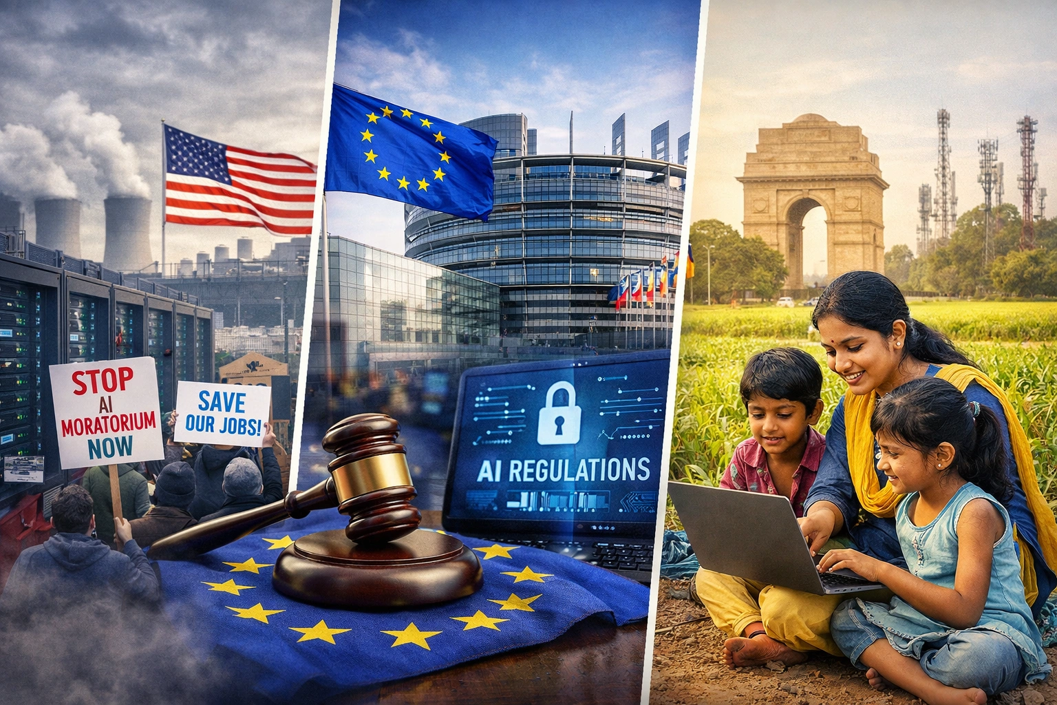 Split image showing the United States with AI protests and data centers, the European Union with AI regulation symbols, and India with rural digital technology adoption, representing three global AI approaches.