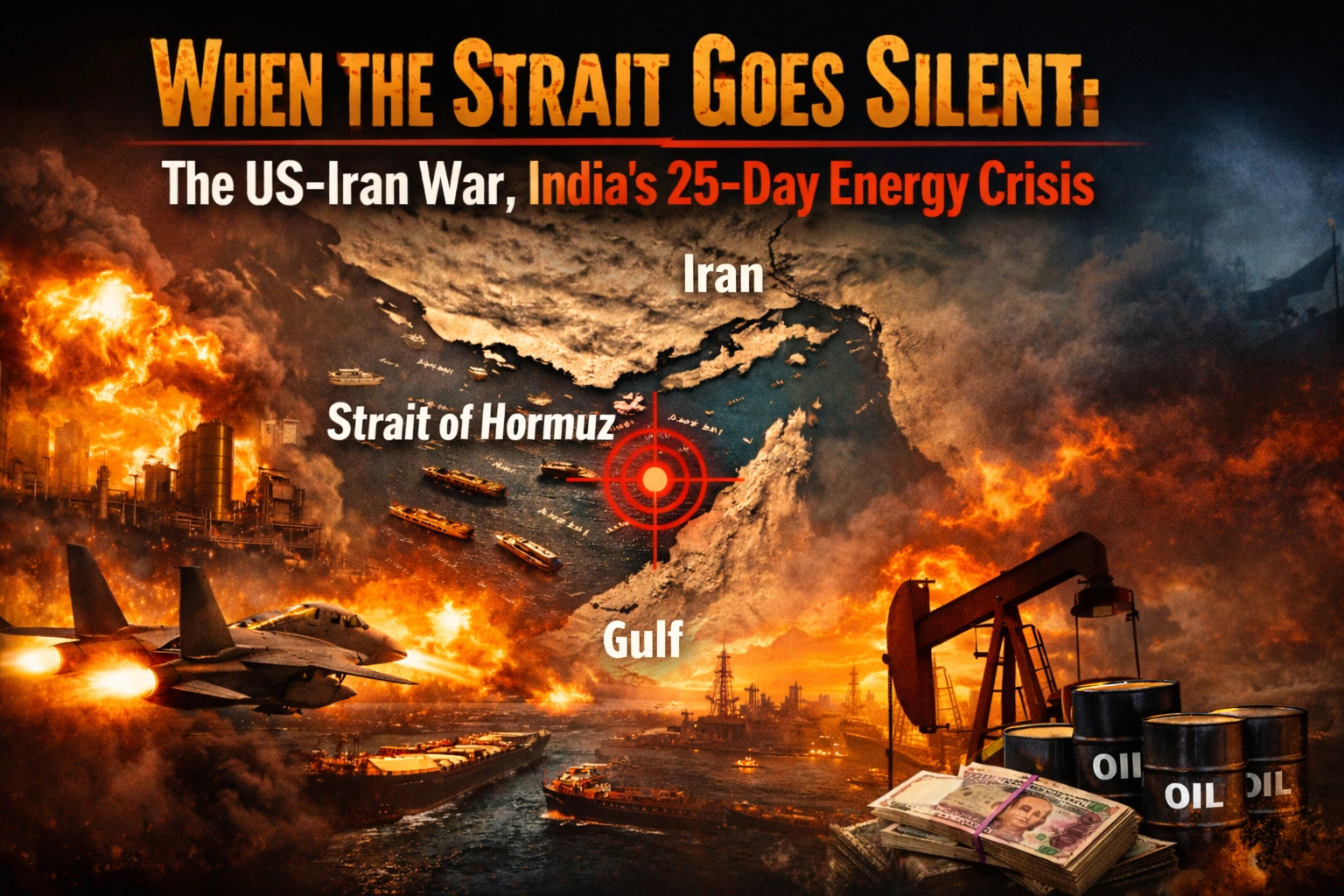 Dramatic illustration of the Strait of Hormuz oil chokepoint during the US-Iran conflict, with oil tankers, warships, missiles, and rising crude oil price charts symbolizing global energy disruption.