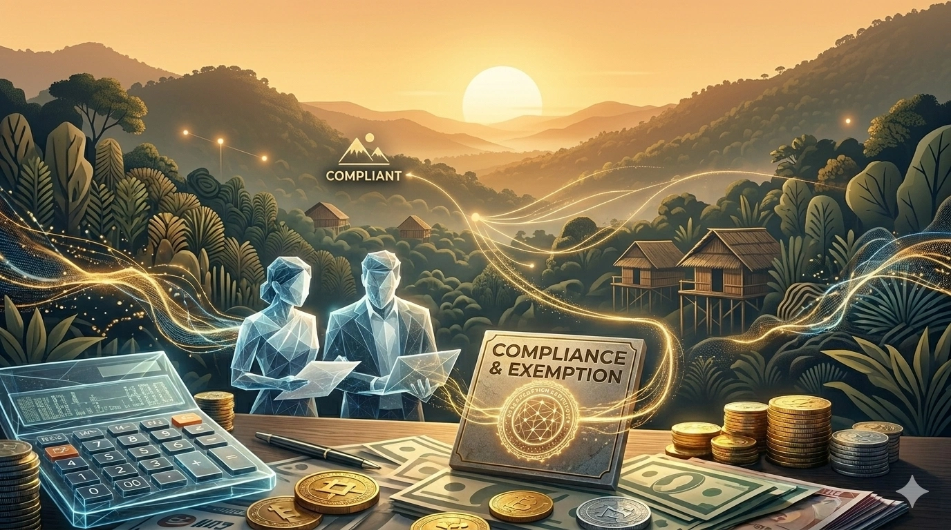An abstract digital illustration representing the dual nature of the Northeast Indian economy. It features glowing wireframe silhouettes of professionals, a futuristic calculator, and a stone tablet engraved with "COMPLIANCE & EXEMPTION" set against a backdrop of stylized hills and traditional stilt houses at sunset.