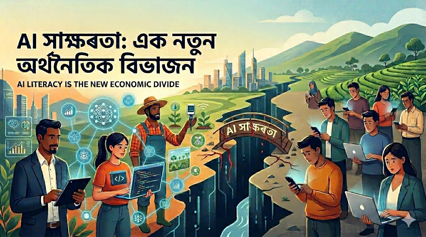 A conceptual 16:9 illustration for The Quantiq showing a digital divide in a lush landscape. On the left, empowered professionals and an Assamese farmer use advanced AI for data and drones. On the right, people look confused while staring at smartphones. A bridge labeled 'AI সাক্ষৰতা' (AI Literacy) connects the two sides.