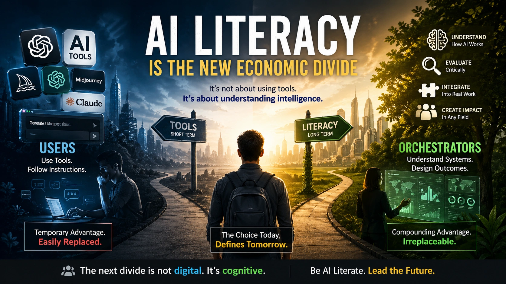 Conceptual illustration of AI literacy vs AI tools showing human thinking and artificial intelligence interaction