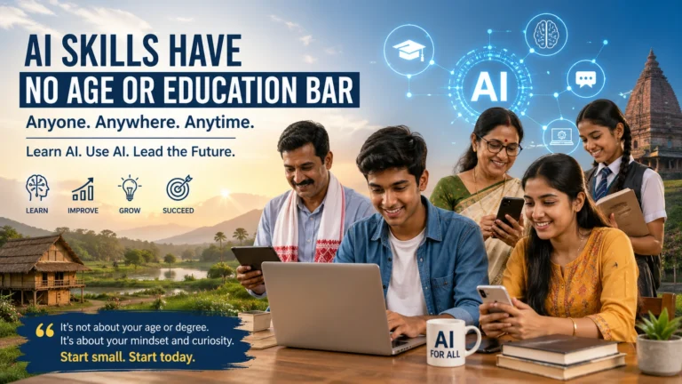 People from different age groups in a rural Indian setting using smartphones and laptops to learn AI, showing that AI skills have no age or education barrier