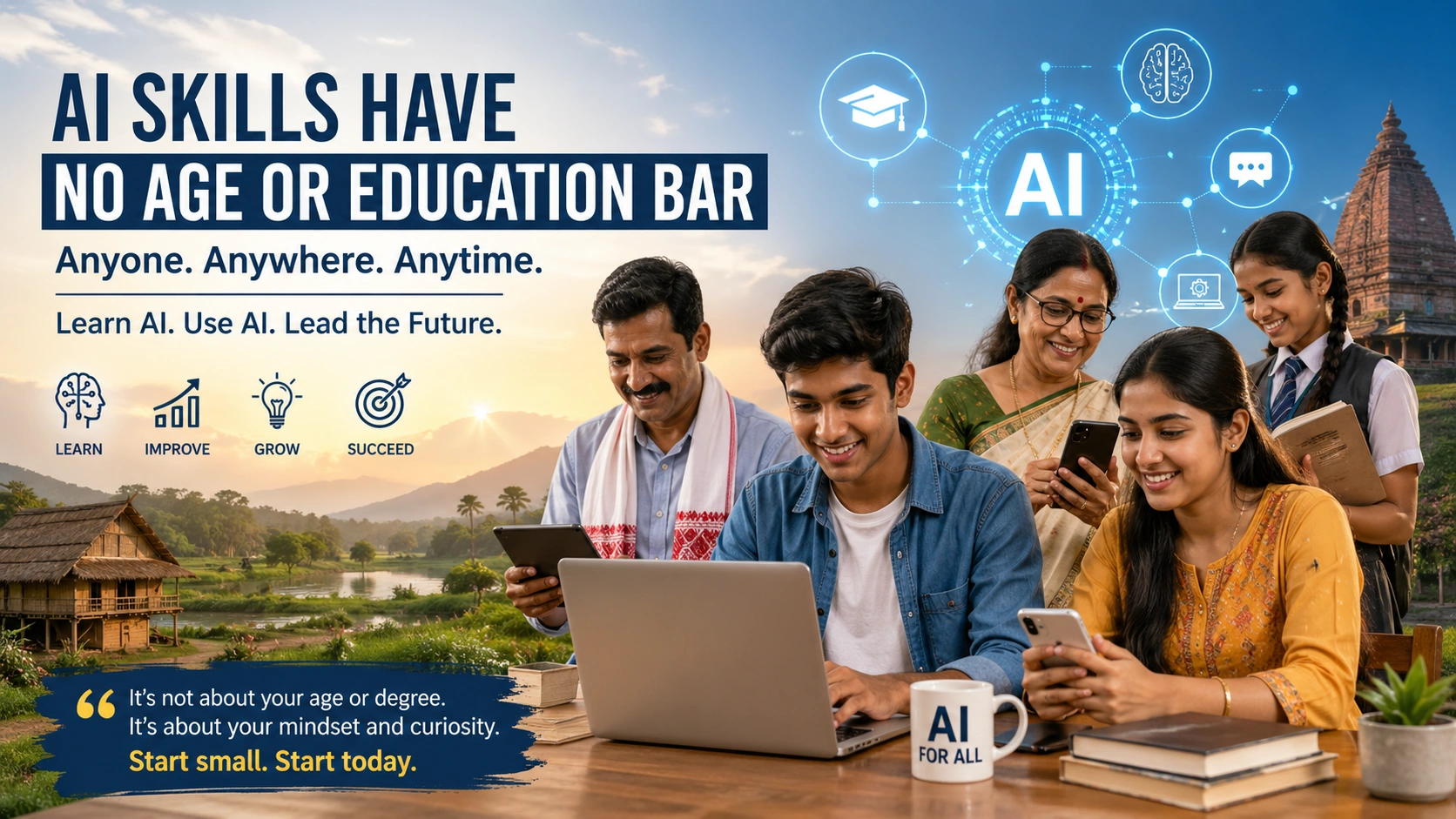 People from different age groups in a rural Indian setting using smartphones and laptops to learn AI, showing that AI skills have no age or education barrier