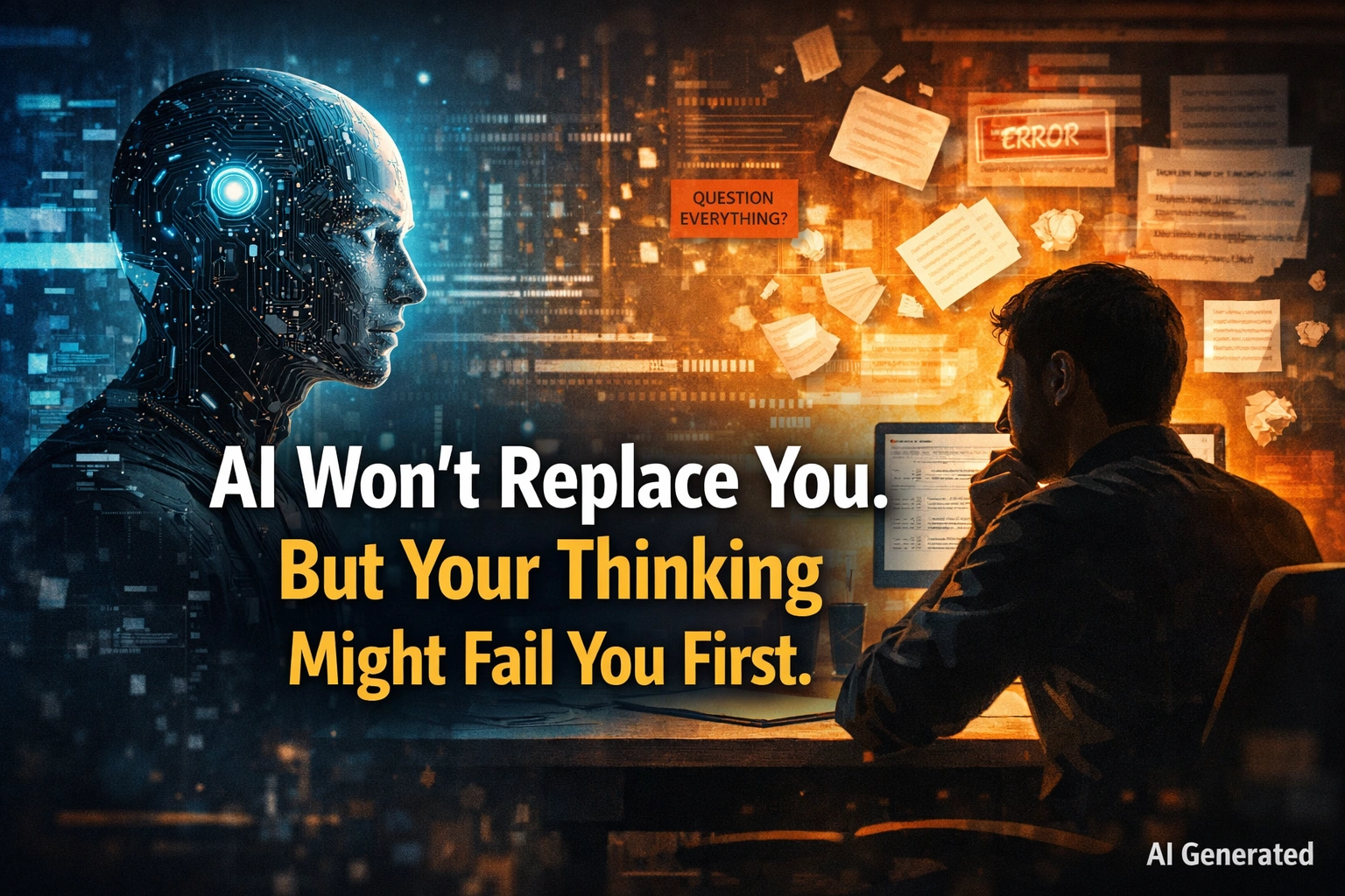 Human thinking contrasted with artificial intelligence highlighting the importance of critical thinking over AI tools
