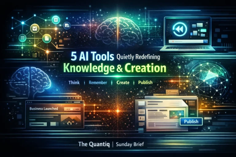 AI tools transforming thinking, memory, creation and publishing in a futuristic digital intelligence ecosystem