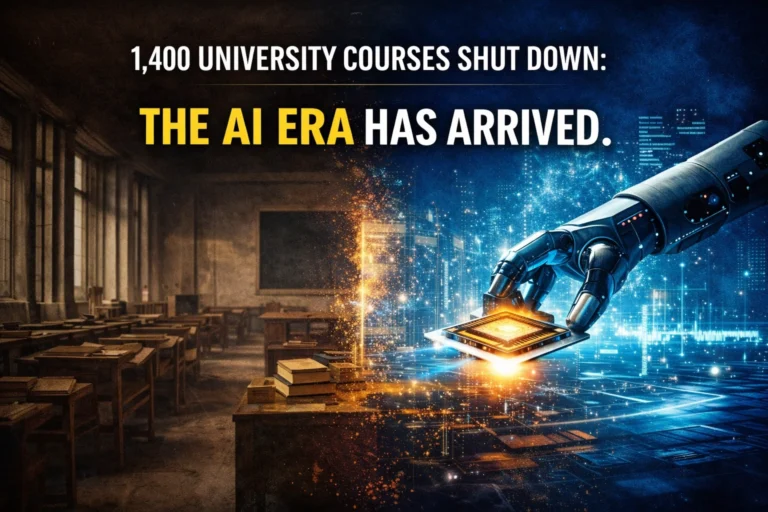 China education reform showing traditional classroom transitioning into AI-driven future with robotic hand and microchip