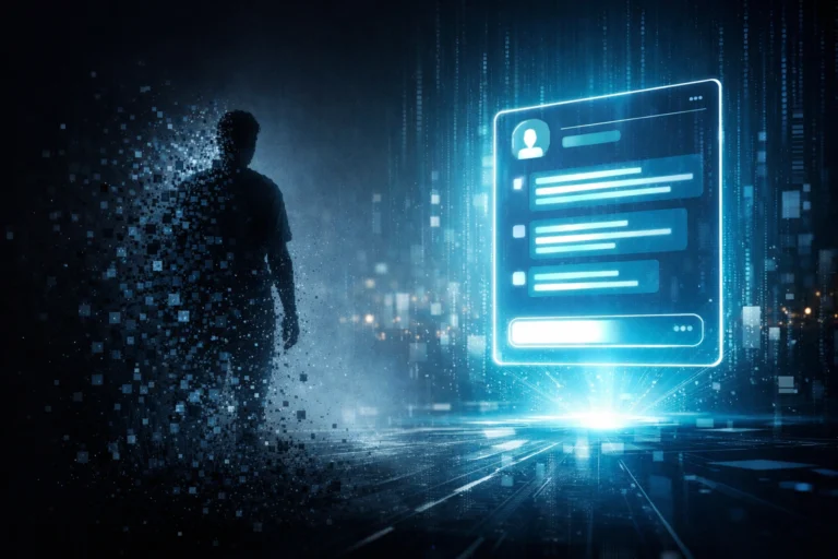 A human silhouette dissolving into digital pixels beside a glowing AI interface, symbolizing brand invisibility in the age of AI-driven answers.