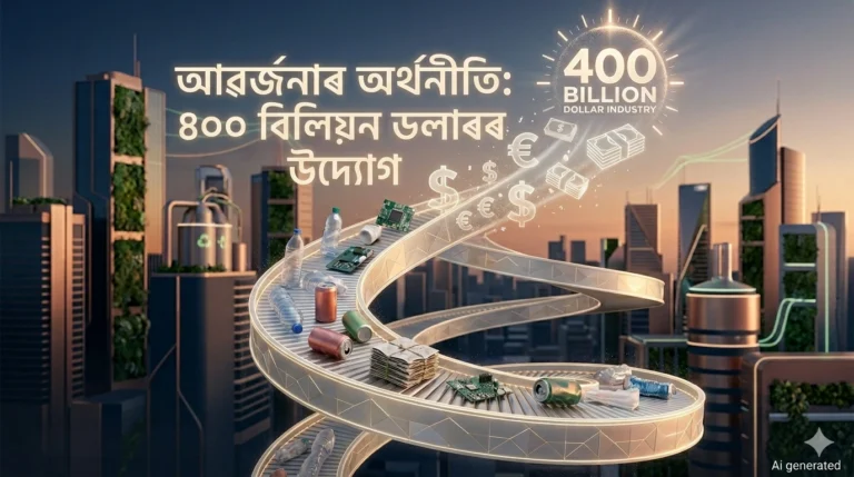 Conceptual digital art showing a circular economy spiral transforming waste into currency, with the Assamese title 'আৱৰ্জনাৰ অৰ্থনীতি' and '400 Billion Dollar Industry' text.