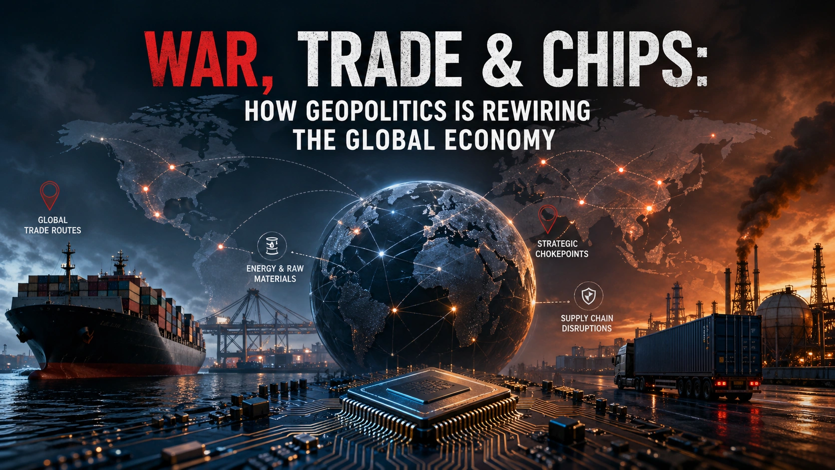 Global supply chain disruption caused by geopolitical conflict affecting semiconductor and trade networks