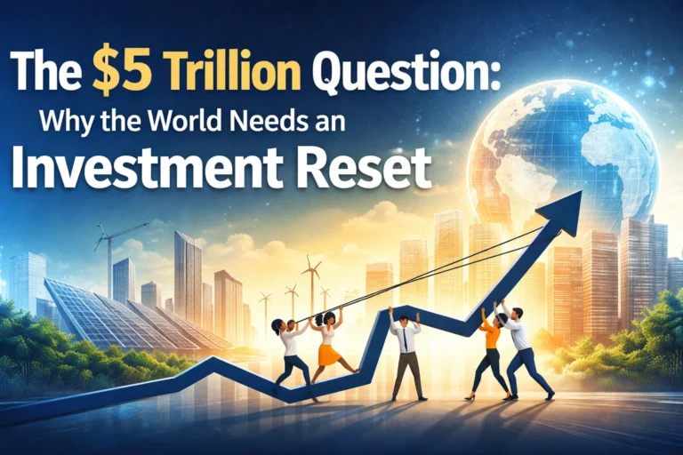 Illustration of global investment growth with rising arrow, renewable energy infrastructure, and city skyline representing economic expansion and sustainability