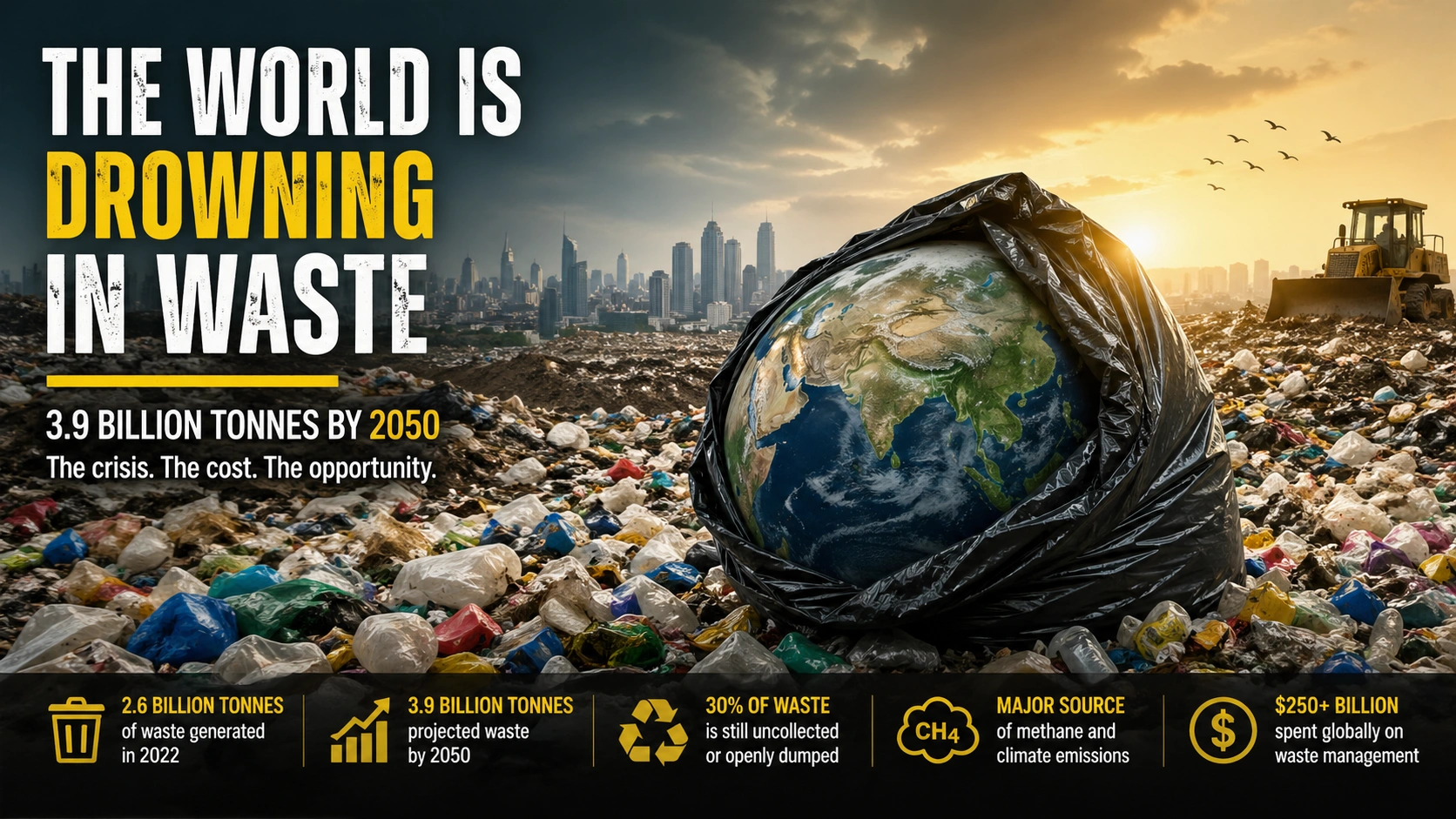 A global waste landfill with Earth wrapped in a plastic bag symbolizing the rising waste crisis and projected 3.9 billion tonnes of waste by 2050