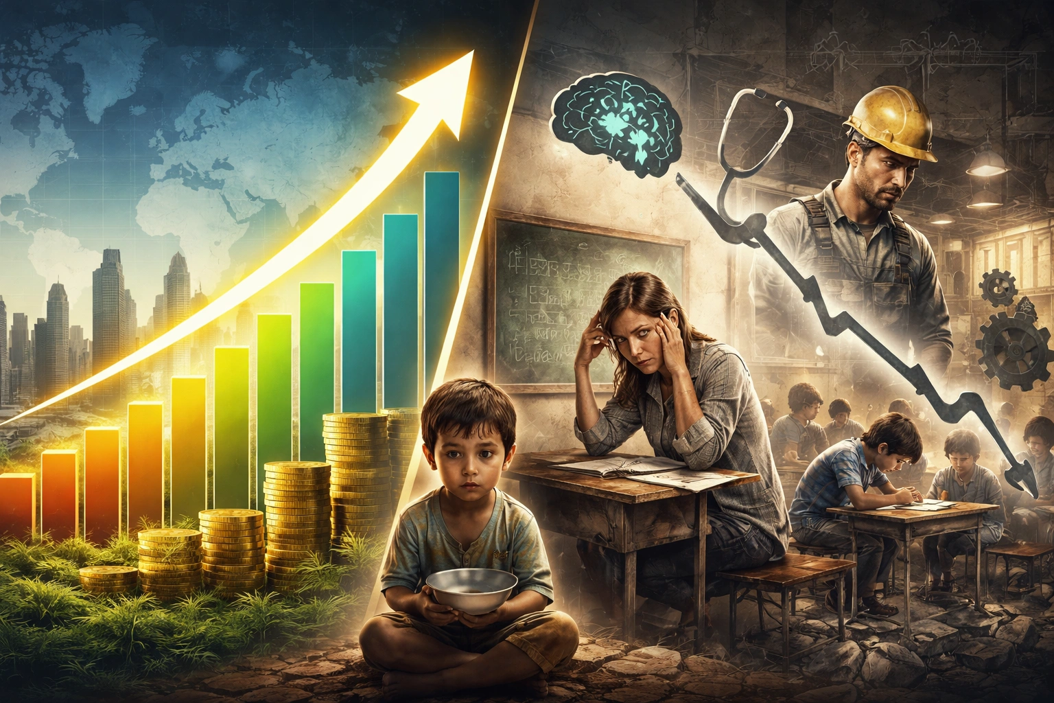 Illustration showing contrast between economic growth and declining human capita