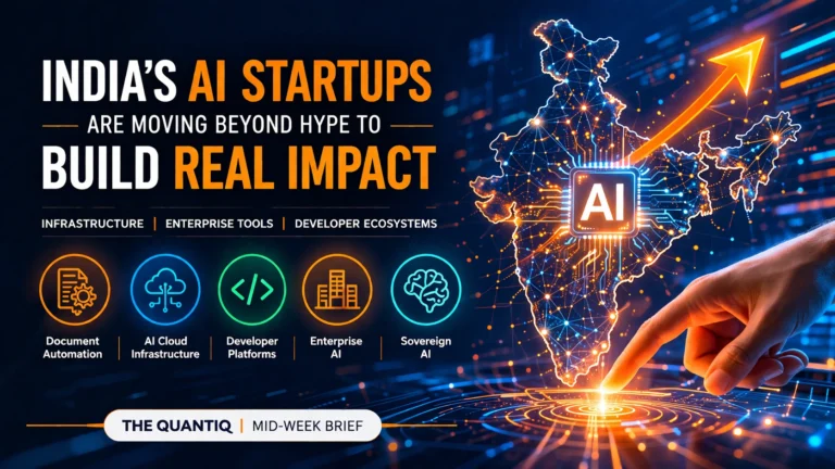 Illustration of India’s AI ecosystem showing startups in infrastructure, enterprise tools, and innovation