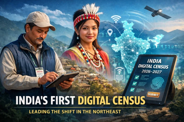 Illustration of India’s digital Census 2027 showing an enumerator using a tablet and a Northeast resident, with a digital map of India and connectivity symbols in the background