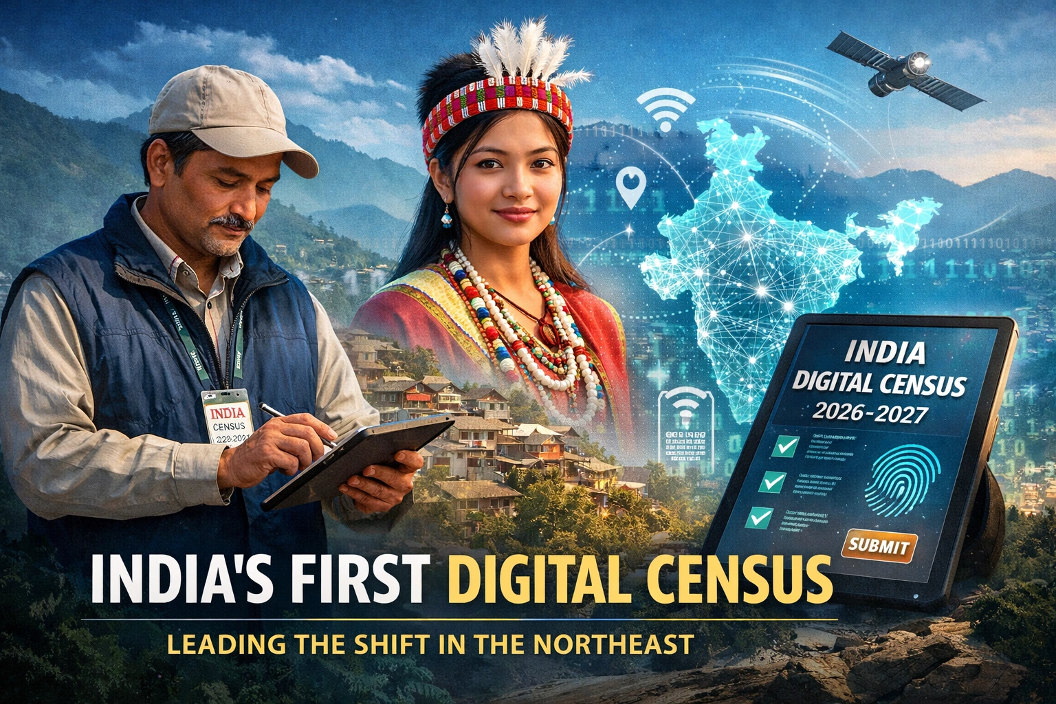 Illustration of India’s digital Census 2027 showing an enumerator using a tablet and a Northeast resident, with a digital map of India and connectivity symbols in the background