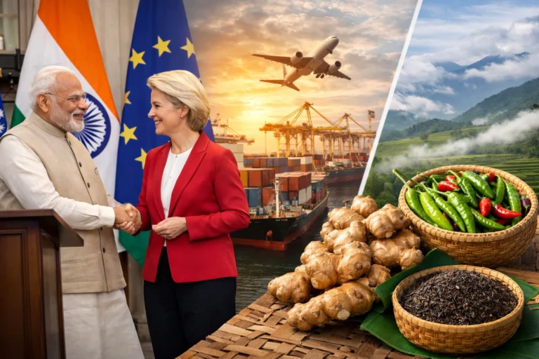 India–EU trade deal visual showing Narendra Modi and Ursula von der Leyen handshake, global trade logistics, and Northeast India agricultural products like tea, ginger, and chilli